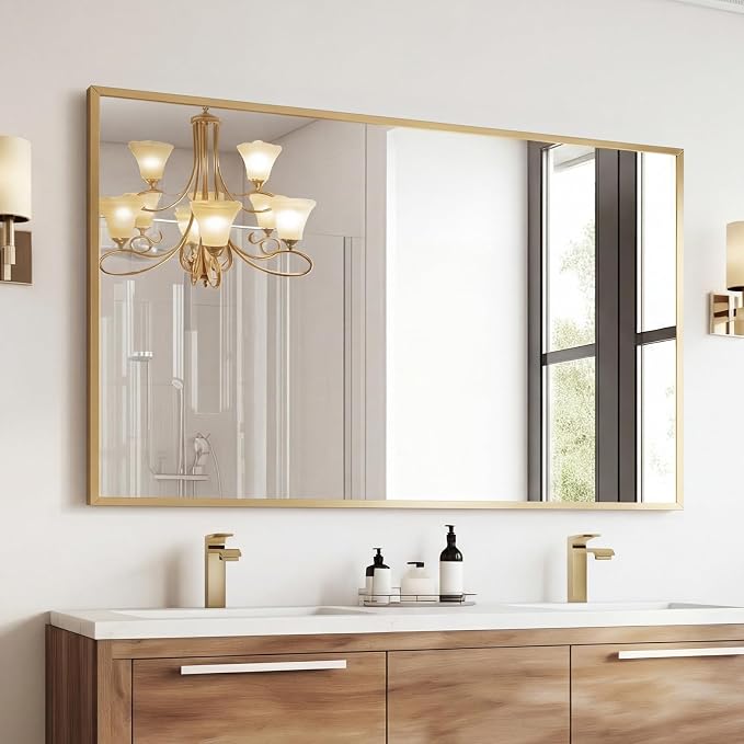 Sweetcrispy Bathroom Mirror, 30" x 48" Rectangle Wall Mount Mirrors | for bathroom Sink, Rectangle Metal Frame Tempered Glass, Home Decor, Anti-Rust Hang, Gold