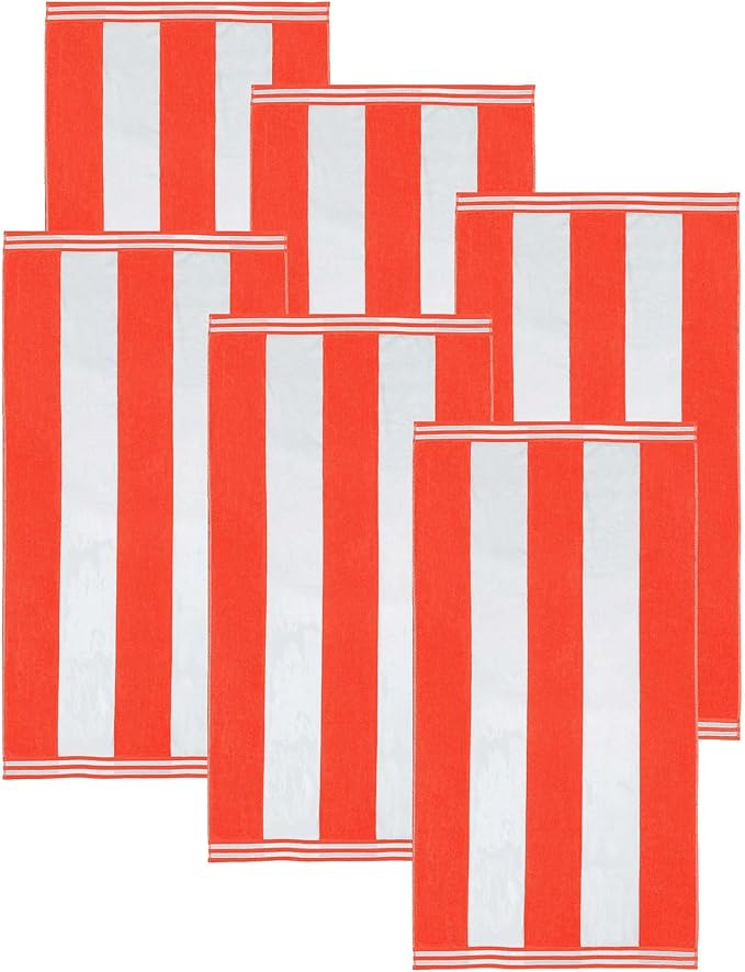 Superior Cotton Striped Beach Towels, Colorful Towels for Adult, Kid, Pool, Swimming, Sand, Travel, Large Oversized, Absorbent, Fast Drying, Bath Basics, Cabana Collection, Set of 6, Coral