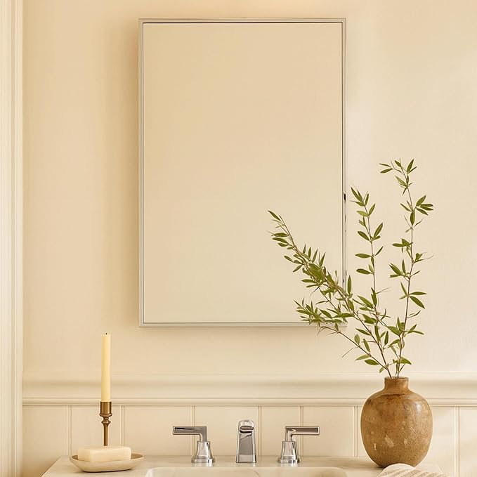 TEHOME 16.5'' x 24'' Polished Nickel Recessed and Surface Mount Bathroom Medicine Cabinet with Mirror Square Cornered Metal Framed Rounded Rectangle Medicine Cabinet Mirror