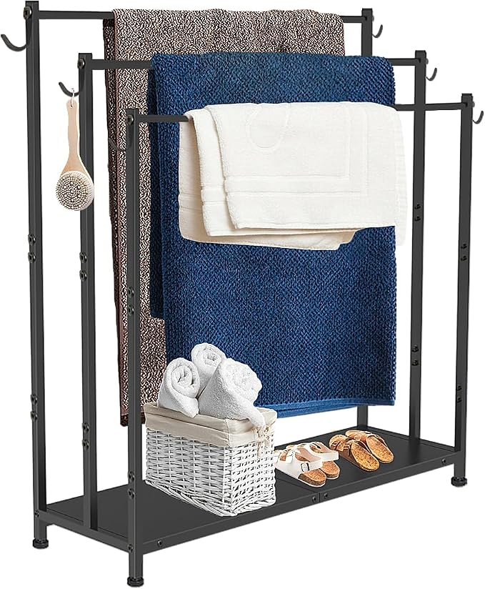 Extra Large Free Standing Towel Rack, Black | 3 Tiers Heavy Duty Blanket Drying Stand Holder with Metal Storage Shelf & 6 Hooks for Bathroom, Pool, Bedroom, Living Room