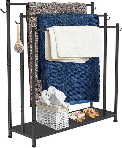 Extra Large Free Standing Towel Rack, Black | 3 Tiers Heavy Duty Blanket Drying Stand Holder with Metal Storage Shelf & 6 Hooks for Bathroom, Pool, Bedroom, Living Room