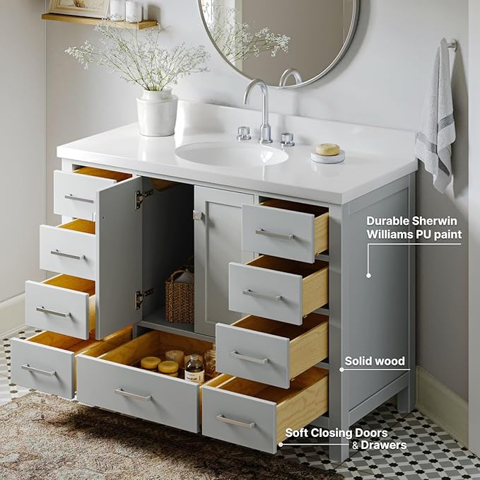 ARIEL Cambridge 48-inch Bathroom Vanity with Sink,Solid Wood, 1.5-inch Pure White Quartz Countertop & Backsplash, Single Oval Porcelain Sink, 2 Soft Closing Doors, 9 Dovetail Drawers, Grey