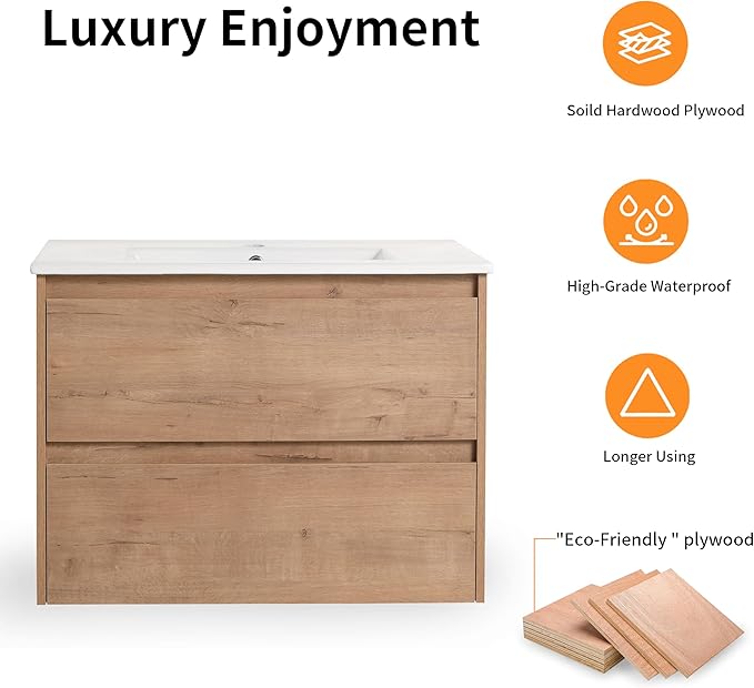 30 inch Floating Bathroom Vanity with Ceramic Sink, 30'' Wall Mounted Cabinet with 2 Soft-Closing Drawers, Space Saving for Small Bathroom, Modern Storage Cabinet, Brown Finish