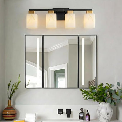 4-Light Square Bathroom Light Fixture, Black and Gold Modern Vanity Light with White Marble Glass Shade, for Bathroom Mirror, Living Room, Bedroom, Hallway, E26 Base