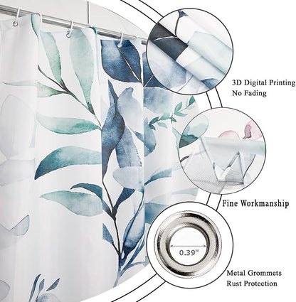 Blue Shower Curtain, Watercolor Eucalyptus Leaves Botanical Plants with Floral Bathroom Curtain Home Bathtub Decor Waterproof Fabric Machine Washable with 12 PCS Hooks,60" Wx72 L
