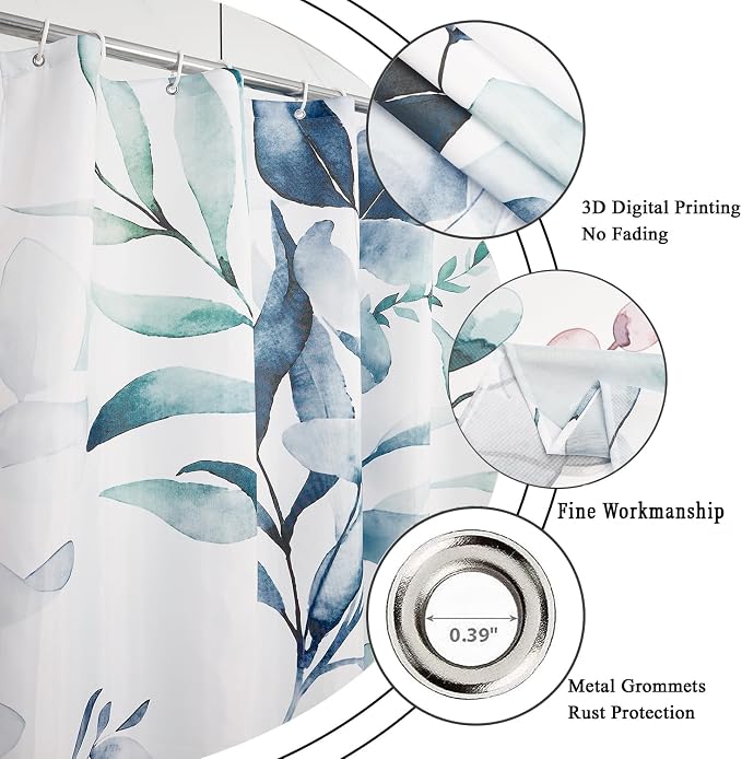 Blue Shower Curtain, Watercolor Eucalyptus Leaves Botanical Plants with Floral Bathroom Curtain Home Bathtub Decor Waterproof Fabric Machine Washable with 12 PCS Hooks,72" Wx78 L