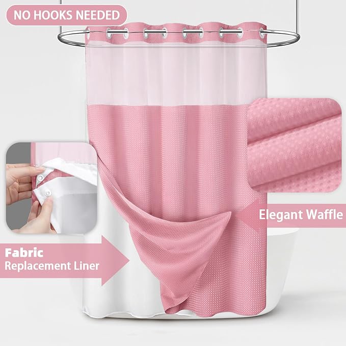 No Hook Shower Curtain with Liner Set Hotel Waffle Blush Pink 72W X 75L | Washable Snap in Fabric Liner, Mesh Top Window, Waffle Hotel Style Shower Curtain Set