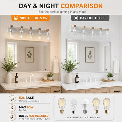 Farmhouse Vanity Light Fixture,5-Light Bathroom Lighting,White Modern Wood Wall Light Over Mirror with Metal Shade,LED Bulbs Not Included