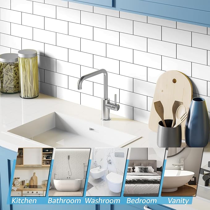 Art3d 102-Pack Peel and Stick Backsplash on Subway Tile, Glossy White | 3 x 6 in, PVC, Self Adhesive, Waterproof, Traceless Peel, Modular Splicing, Ideal for Vanities, Bathrooms