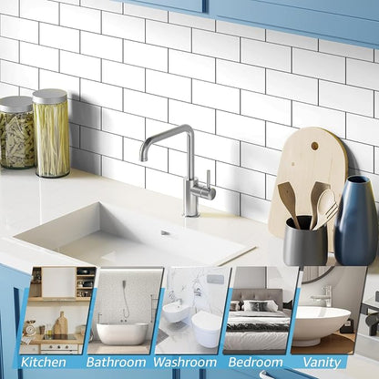 Art3d 102-Pack Peel and Stick Backsplash on Subway Tile, Glossy White | 3 x 6 in, PVC, Self Adhesive, Waterproof, Traceless Peel, Modular Splicing, Ideal for Vanities, Bathrooms
