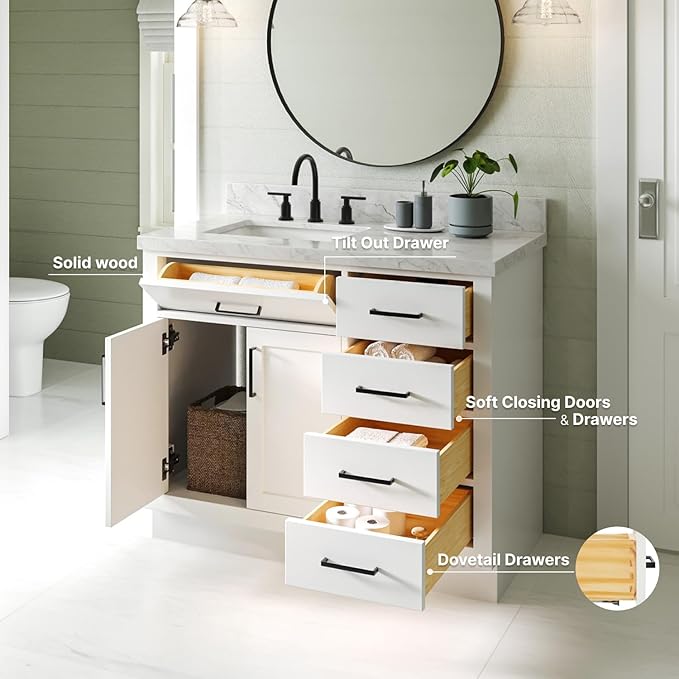 ARIEL Hepburn 42-inch Bathroom Vanity Base Cabinet,Solid Wood, 2 Soft Closing Doors, 5 Dovetail Drawers, White