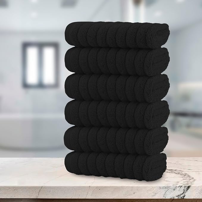 Elegant Comfort 100% Turkish Cotton Corduroy Ribbed Luxury Washcloths 6 Pack Soft 13 x 13 Inch - Higly Absorbent, Durable, Quick Dry, Spa Premium Hotel Quality for Bathroom or Travel, Black