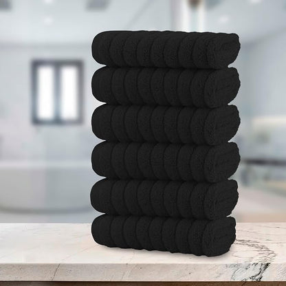 Elegant Comfort 100% Turkish Cotton Corduroy Ribbed Luxury Washcloths 6 Pack Soft 13 x 13 Inch - Higly Absorbent, Durable, Quick Dry, Spa Premium Hotel Quality for Bathroom or Travel, Black