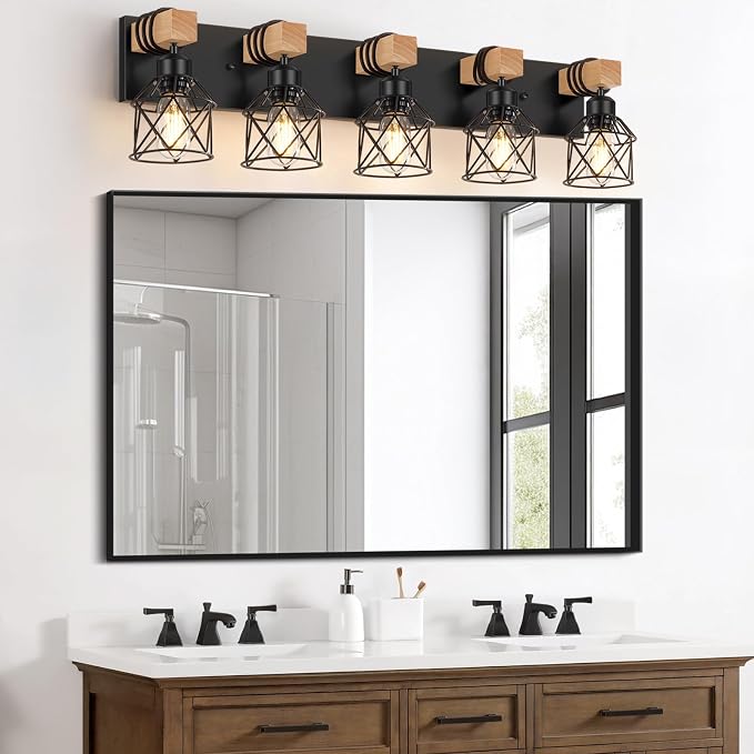 FadimiKoo 5-Light Black Bathroom Light Fixtures, Vanity Lighting Fixtures | Rustic Wood & Black Metal Shade, Wood Bathroom Lighting Fixtures Over Mirror, Wall Sconces for Bathroom Bedroom Living Room