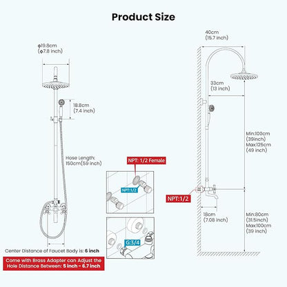 gotonovo Exposed Shower Faucet with Spout Brushed Nickel,Curved Pipe | Brass Bathroom Exposed Shower System,8’’ Rain Head,Swivel Tub Spout 2 Cross Handle,Adjustable Handheld Sprayer,Wall Mount