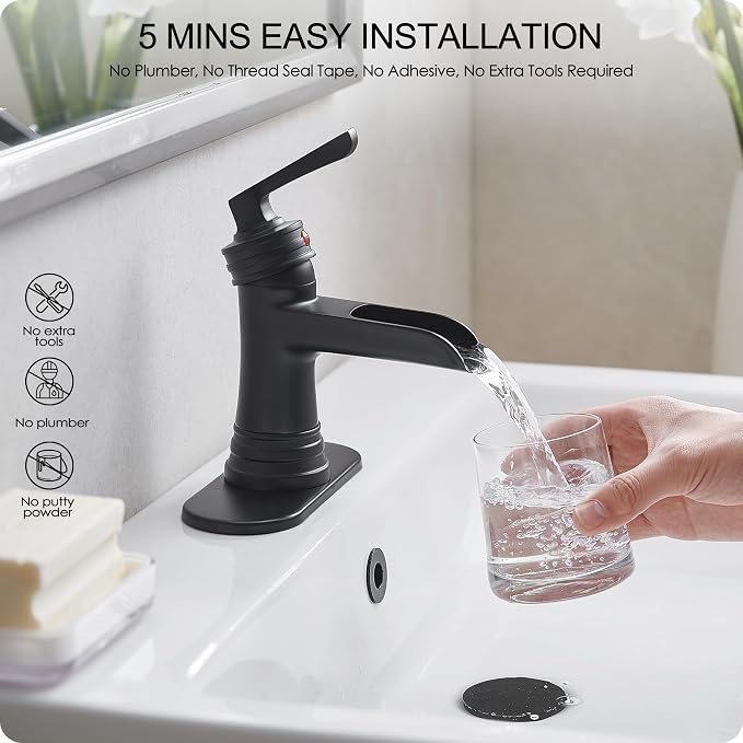 Matte Black Bathroom Faucet 1 Hole, Brass Waterfall Bathroom Faucets 3 Hole 4 Inch Single Handle with Pop-up Drain, Deck Plate, Pre-Installed cUPC Hose for Lavatory, Farmhouse, 5 Mins Install