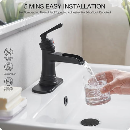 Matte Black Bathroom Faucet 1 Hole, Brass Waterfall Bathroom Faucets 3 Hole 4 Inch Single Handle with Pop-up Drain, Deck Plate, Pre-Installed cUPC Hose for Lavatory, Farmhouse, 5 Mins Install