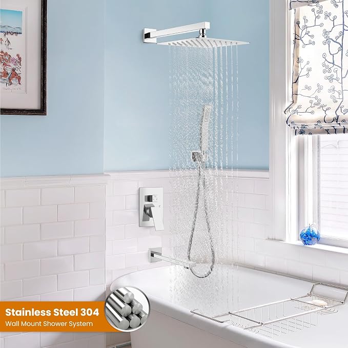 gotonovo Bathtub Shower Faucet Set, 12 Inch Shower Head, Polish Chrome | Wall Mounted Shower System with Tub Spout for Bathroom, Square High Pressure Rain Shower head with Handheld Spray, All Metal