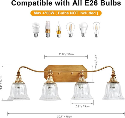 Bathroom Vanity Gold Light Fixture, 4 Lights Bathroom Lighting Matte Antique Brass Finish with Crystal Glass Shade, Gold Vintage Vanity Light for Bathrooms