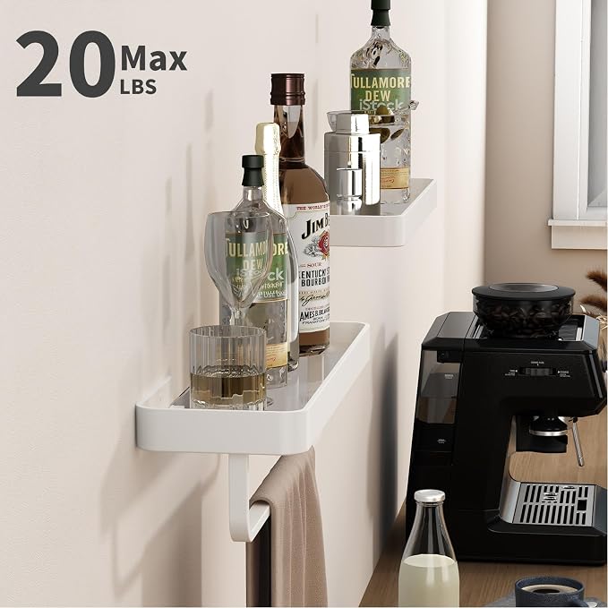 16-Inch White Floating Bathroom Shelves with Towel Bar， Clear Tempered Glass Wall Shelf 2-Pack – Versatile Bathroom Organizer Set