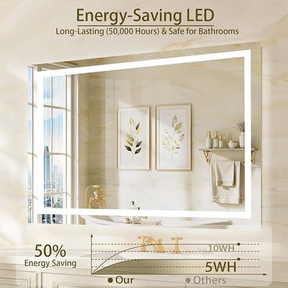 36"x55" LED Bathroom Mirror with Lights, Anti-Fog, Backlit+Frontlit | CRI 95, Stepless Dimmable, 3 Colors Lighting, Shatterproof Tempered Glass, HD Reflection, Memory, (Horizontal/Vertical)