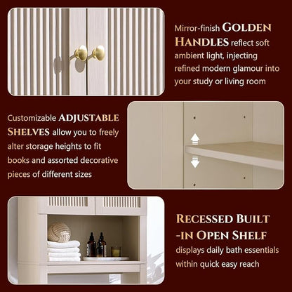 72" Over The Toilet Storage Cabinet, Modern Over Toilet Bathroom Organizer Shelf with Fluted Arched Doors, Wooden Free Standing Bathroom Storage Cabinet with Adjustable Shelf, Space Saver, Cream