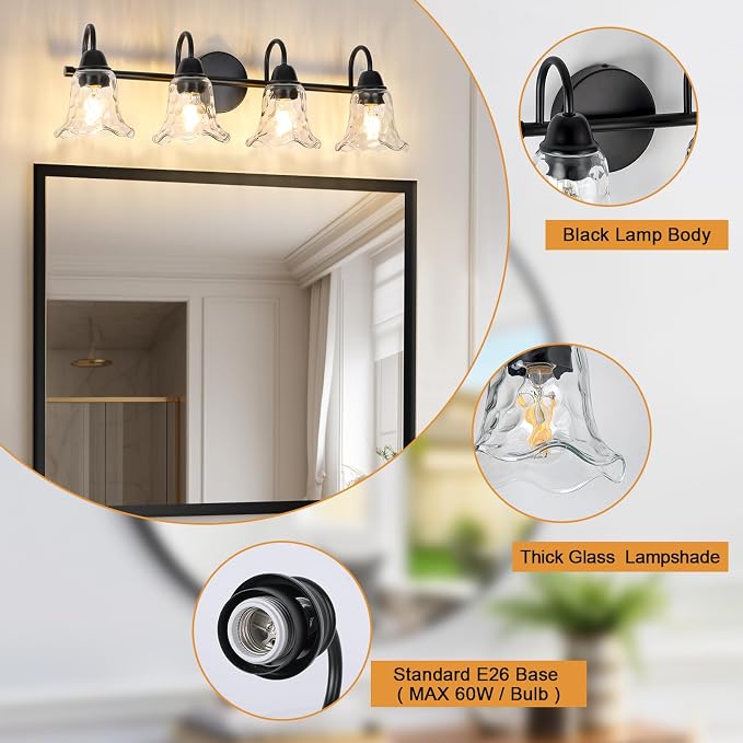 Bathroom Light Fixtures over Mirror, 4 Lights Vintage Wall Sconces with Hammered Glass Shade, 26.8" Matte Black Farmhouse Bathroom Wall Light Fixtures for Bedroom, Porch, Hotel, Mirror Cabinet