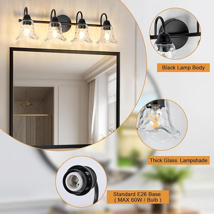 Bathroom Light Fixtures over Mirror, 4 Lights Vintage Wall Sconces with Hammered Glass Shade, 26.8" Matte Black Farmhouse Bathroom Wall Light Fixtures for Bedroom, Porch, Hotel, Mirror Cabinet