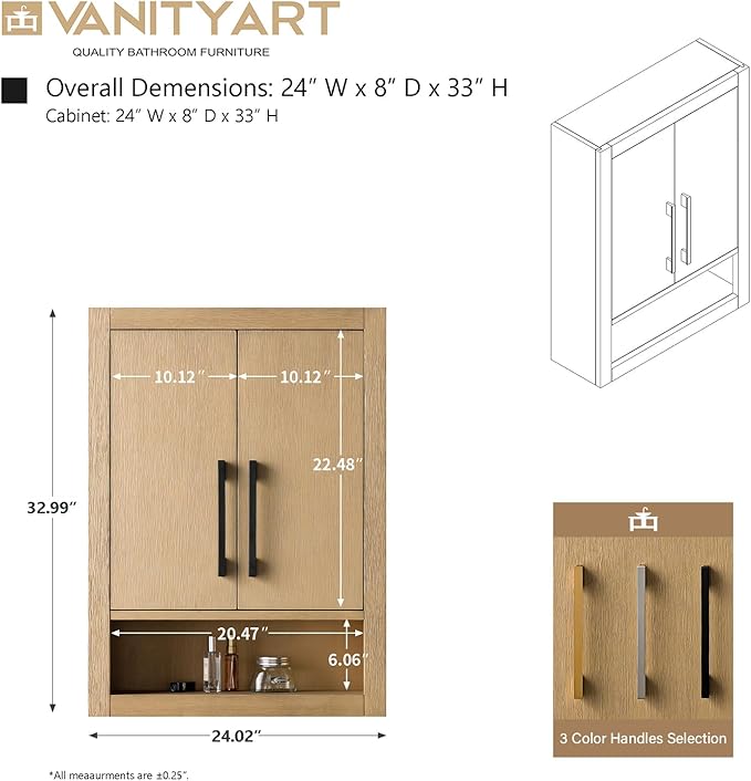Vanity Art 24 inch Bathroom Vanity with Storage Cabinet & Shelves, Storage Cabinet with Soft-Closing Doors, VA90-TC-NO-BN1