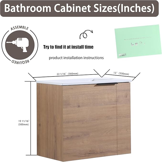 22 Inch Bathroom Vanity with Sink, 22" Wall Mounted Vanity Sink Combo for Small Space, Modern Bathroom Cabinet Set with Ceramic Basin Sink Top and Soft-Closing Door, Imitative Oak