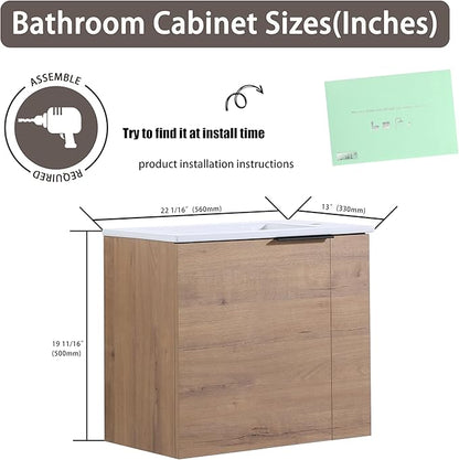 22 Inch Bathroom Vanity with Sink, 22" Wall Mounted Vanity Sink Combo for Small Space, Modern Bathroom Cabinet Set with Ceramic Basin Sink Top and Soft-Closing Door, Imitative Oak