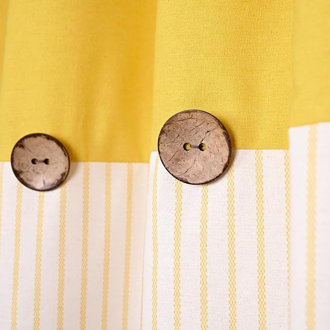 DOSLY IDÉES Farmhouse Yellow Shower Curtain, Beige and Yellow Stripe, Button Curtain, Linen and Cotton Woven Fabric, Rustic Charm Country Chic Style, 72x72 in