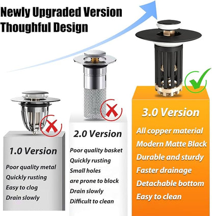 Anlige 3 in 1 Pop Up Bathroom Sink Stopper, Bathroom Sink Drain Strainer, with Removable Basket Hair Catcher, Universal Sink Plug Cover for 1.06 in to 1.6 in Drain, Matte Black