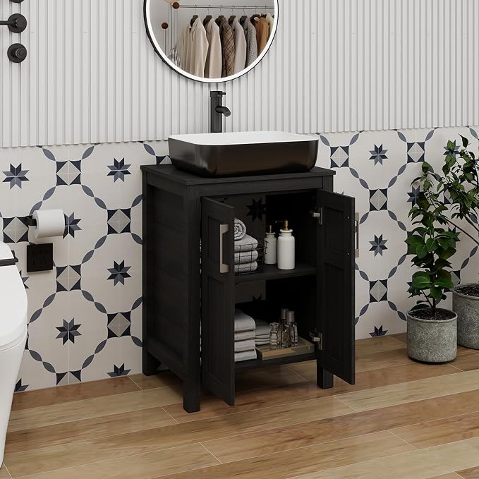 YOURLITE 24" Bathroom Vanity with Sink, Black Bathroom Vanity Cabinet, Faucet & Pop Up Drain Set,Traditional Vanity with with White & Black Ceramic Sink