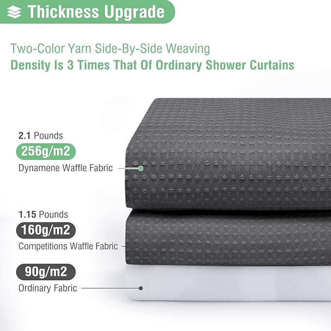 Extra Wide Waffle Shower Curtain 256 GSM 180"x72" Charcoal Grey | 180 Inch Wide, Thick Cloth, Weighted Hem, Water Repellent, Hotel Luxury Polyester Shower Curtain Set for Bathroom 32 Hooks