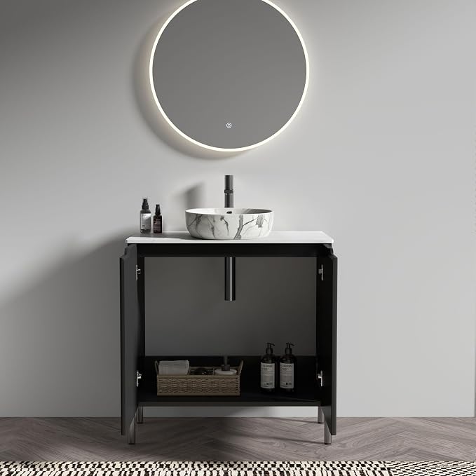 30" Mid-Century Modern Black Bathroom Vanity with Sink, Bathroom Storage Cabinet with Carrara Marble Finish Sink, Soft-Closing Doors, Drain Assembly and Pipe NOT Included