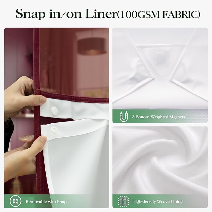 Burgundy Hook Free Waffle Shower Curtain & Snap Fabric Liner,72x99 | Less Time to install, 3 in 1 Fabric Shower Curtain and Liner Set with Magnets, Extra Long, Shower Curtains for Bathroom