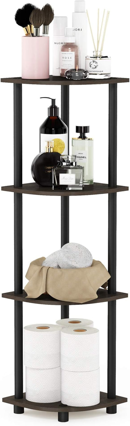 Furinno TURN-N-TUBE Corner Shelf, 4-Tier Corner Bookshelf, Display Storage Shelves with Open Shelves, for Organization and Storage, Living Room, Home Office, Garage, Dark Brown Grain