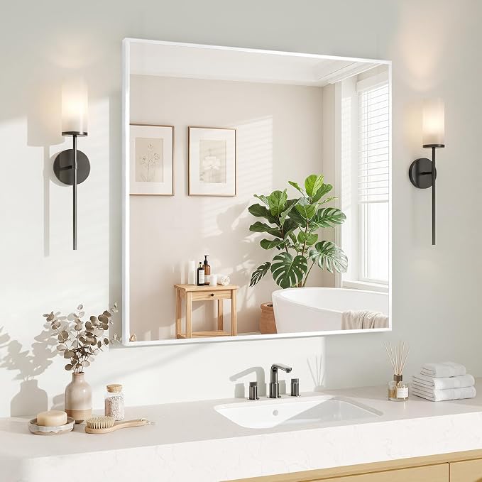 Koonmi White Rectangle Wall Mirror, 30x30 Inch Bathroom Mirror, Aluminum Frame Vanity Mirror for Entryway, Living Room, Bedroom Bathroom, Hangs Horizontally or Vertically