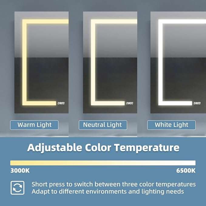 Medicine Cabinet with Lights 36x30 Anti-Fog Mirror Dimmable | 3 Color Dimmable LED. Time/Temp Display. Anti-Fog IP44. 2 Outlets+2 USB. Plug-in/Hardwired. Recessed/Surface Mount.