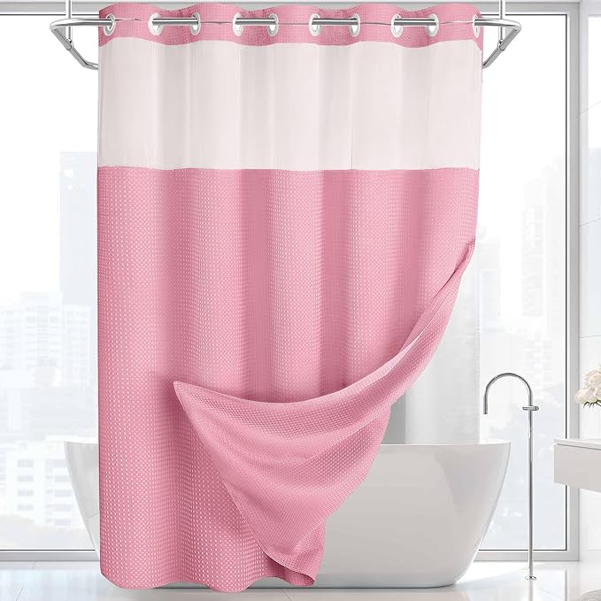 No Hook Shower Curtain with Liner Set Hotel Waffle Blush Pink 72W X 75L | Washable Snap in Fabric Liner, Mesh Top Window, Waffle Hotel Style Shower Curtain Set