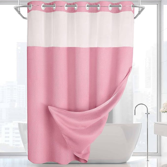 No Hook Shower Curtain with Liner Set Hotel Waffle Blush Pink 72W X 75L | Washable Snap in Fabric Liner, Mesh Top Window, Waffle Hotel Style Shower Curtain Set