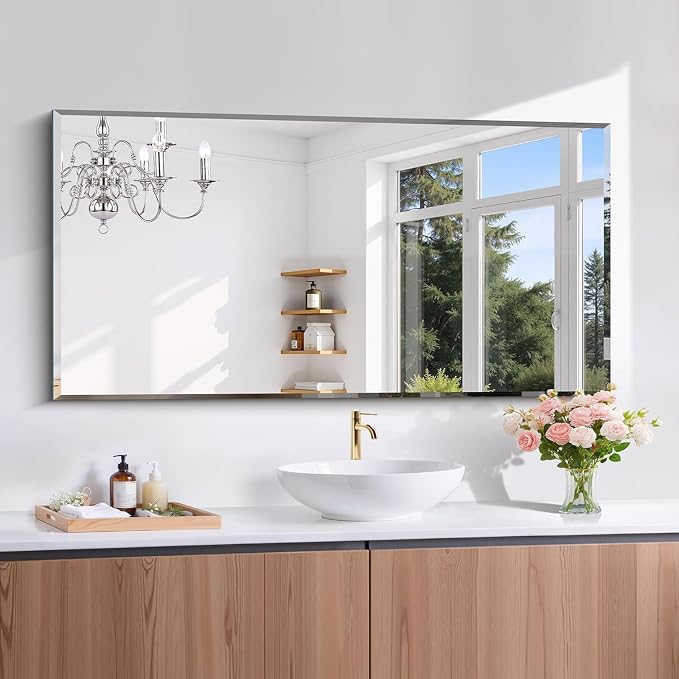 CILIBER Beveled Mirror, 24x48 Large Frameless Bathroom Mirrors for Wall, 3mm Tempered Glass Rectangle Vanity Mirror with Beveled Edge, Crystal-Clear, Hangs Horizontally or Vertically