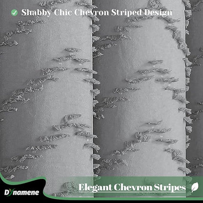 Dynamene Boho Farmhouse Shower Curtain, Grey Fabric Tufted Chevron Striped Textured Tassel Shower Curtains for Bathroom, Water Repellent, Minimalist Ruffled Cloth Shower Curtain Set with Hook, 72x72