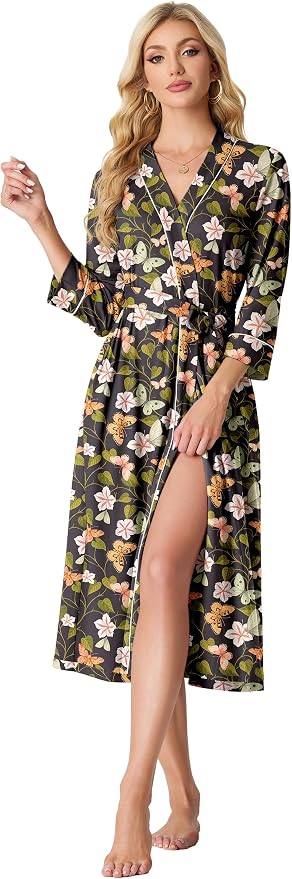 PrinStory Robes for Women 3/4 Sleeve Long Bath Robe XS-4XL | V-Neck Knit Bathrobe with Pockets, Lightweight, Soft, Breathable Robes for Shower, Spa, Travel, Home, Party, Nursing