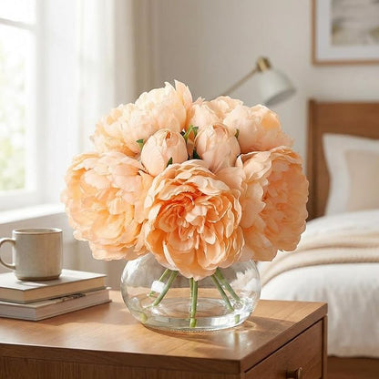 Artificial Peonies Flowers with Vase, Mixed Champagne Silk Peony Bouquet with Faux Water in Glass Vase, Lifelike Fake Peonies Floral Arrangement for Table Centerpiece, Wedding, Party, Home Decor