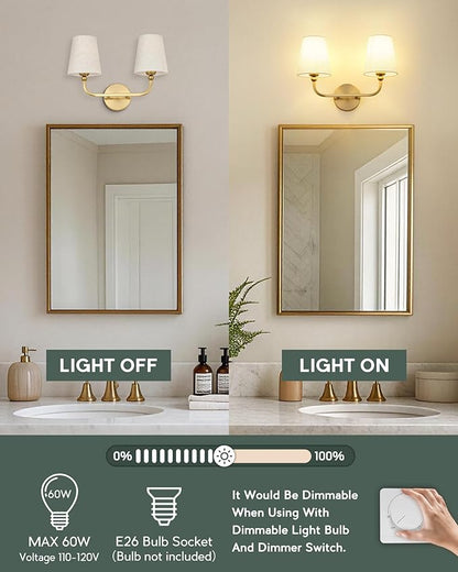 2-Light Bathroom Light Fixtures, Brushed Gold Vanity Lights, Double Wall Sconce with Linen Fabric Shade, Modern Sconces Wall Lighting for Hallway Bedroom Stairway, VL837-BG-A-2