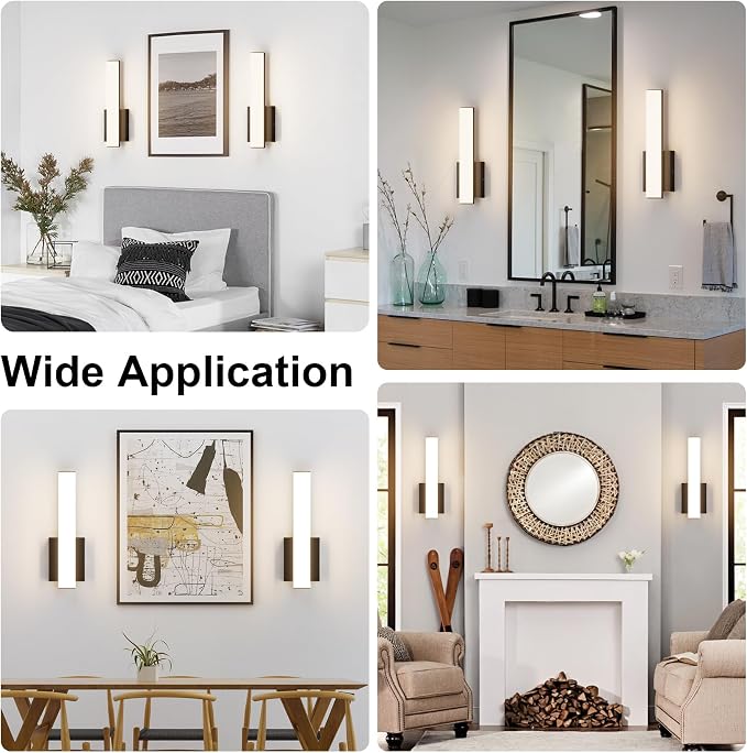 15.7 Inches Modern Bathroom Led Wall Sconces,18W 3000K Hardwired Wall Light with White Acrylic Lampshade,Indoor Bathroom Vanity Light for Mirror Bedroom Living Room Hallway(Black,2Pack)