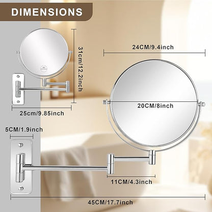 JANEEVA 8" Wall Mounted Makeup Mirror, 10X Magnifying Mirror with 360 Extendable Arm - Double Sided Vanity Mirror for Bathroom (Chrome)
