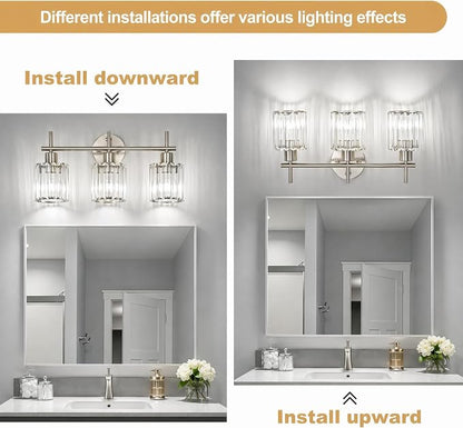 Brushed Nickel 3-Light Crystal Bathroom Vanity Light Fixtures, Round | Vanity Lights for Bathroom, Modern Bathroom Lighting Fixtures over Mirror (Bulbs Not Included, E26)